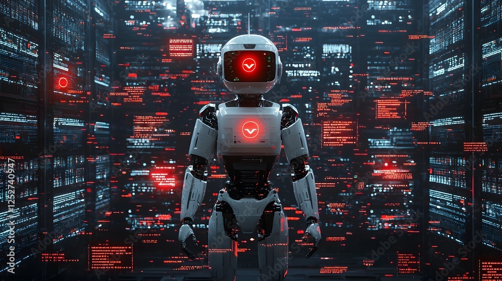 Poster robotic figure engulfed in a futuristic digital environment filled with red alert signals fragmented