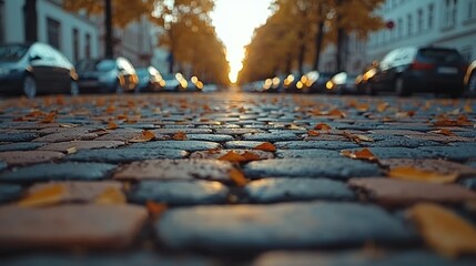 Autumnal Cobblestone Street at Sunset