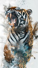 double exposure concept Majestic tiger roaring with vibrant colors, symbolizing nature's power and beauty.