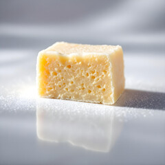 Naklejka premium Macro shot of a single piece of Barfi, an Indian sweet dessert, showcasing its texture and detail, isolated on a glossy white surface, illuminated by focused studio lighting.
