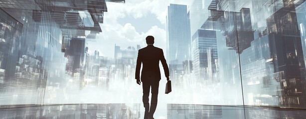 double exposure concept Silhouette of a businessman walking in a futuristic cityscape with glass buildings.