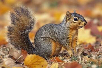 Fototapeta premium Squirrel exploring autumn leaves in a tranquil forest setting during daylight hours