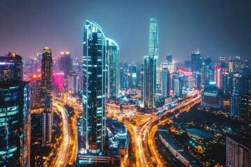 Obraz premium Bright cityscape at night with busy streets and colorful lights in urban center