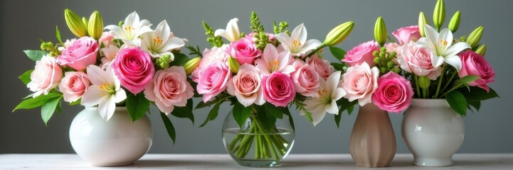 Fototapeta premium Dense floral arrangement of pink roses and white lilies in a modern vases, nature, roses