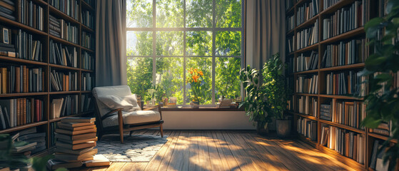 serene library filled with books, cozy reading chair, and sunlight streaming through large windows, creating peaceful atmosphere