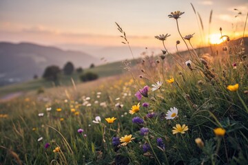 Fototapeta premium Serene Sunset Meadow: Tilt-Shift Miniature Landscape Photography