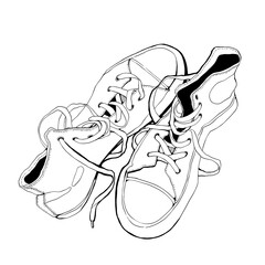 Coloring page of a pair of white sneakers with laces, in a simple and minimalistic drawing style, with thick lines for a coloring book, no color on the edges. Professional artist design.