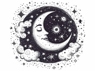 Crescent Moon Face Illustration