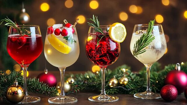 Festive Holiday Cocktails. Glasses of cocktails with Christmas decoration on bokeh lights background. Season drink set. Vibrant colorful display of various winter cocktails for New Year celebrations