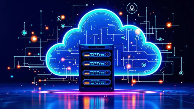 Futuristic cloud computing concept with server racks illuminated by neon lights and digital elements