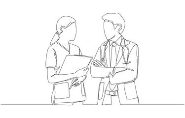 Continuous one line drawing of doctor talking with nurse, medical and healthcare concept, single line art