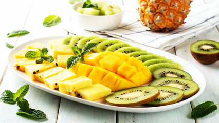 Vibrant Tropical Fruit Platter Pineapple Mango Kiwi White Background Food Art