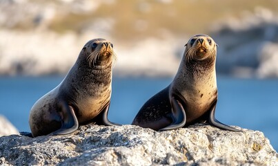 Seals sunbathing on a rocky shore with stunning Antarctic scenery in the background, Generative AI