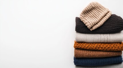 Stack of knitted sweaters on white background showcasing eco-conscious apparel and sustainable fashion concept