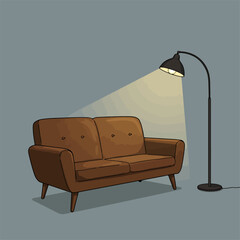 Cozy Brown Sofa Illuminated by Floor Lamp in Living Room