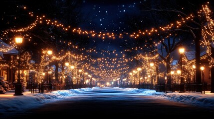 Magical Winter Night Street Scene: A Snowy Street Adorned with Festive Lights