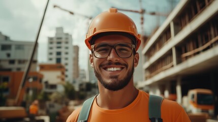 Construction worker smiling at job site urban environment portrait
