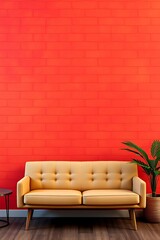 Vibrant interior showcases a retro-style tan sofa against a bold red brick wall backdrop.