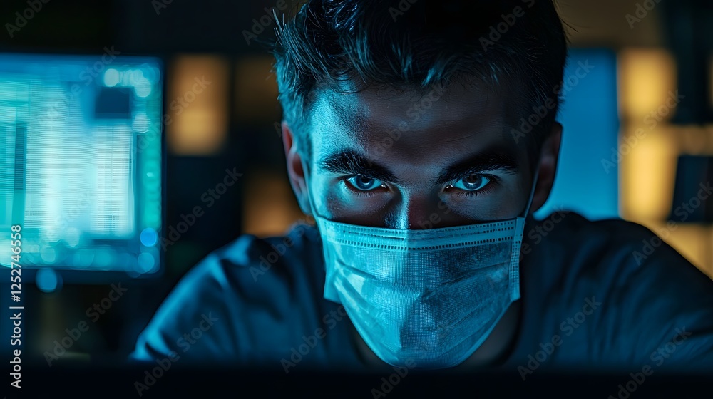 Poster mysterious hacker s piercing eyes visible through a dark mask intensely focused on the bright digita