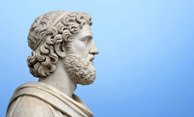 Fototapeta premium A detailed marble bust of a bearded man with curly hair, captured in profile against a soft blue background. Ideal for classical art and history themes with ample copy space.