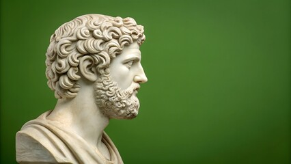 A side profile of a classical Greek-style marble bust of a bearded man, set against a bold green background. The isolated composition provides ample copy space.