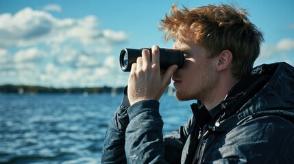 A man on a boat, scanning the horizon with binoculars on a sunny day.