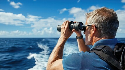 A man on a boat, scanning the horizon with binoculars on a sunny day.