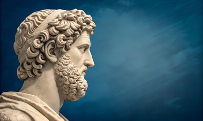 A Greek marble bust in profile, set against a deep blue cloudy background. The contrast between ancient sculpture and textured backdrop adds a dramatic effect. Copy space for text or design.