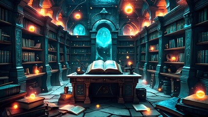 Mystical Library: An Enchanting, otherworldly library filled with ancient books, glowing orbs, and a mystical atmosphere.  A scene of wonder and magic, perfect for fantasy settings.