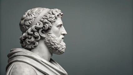 A Greek marble bust with a laurel wreath, set against a muted gray-green background. The statue’s detailed curls and serene expression highlight ancient elegance. Copy space for design or branding.