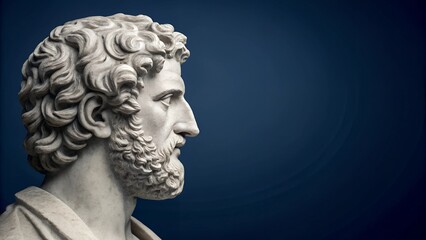 A detailed Greek marble bust in profile with a dark blue gradient background. The strong lighting and shadows enhance the features of the classical sculpture. Copy space for design.