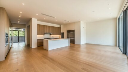 Chic modern living space with an upscale kitchen, minimalist furnishings, and a large empty wall for a clean, open feel.