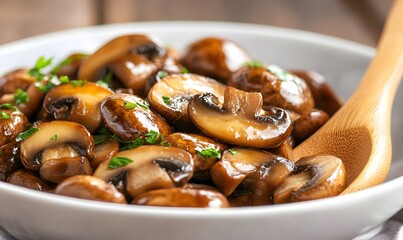 Fototapeta premium Luxurious sautéed mushrooms in creamy sauce with a wooden spoon, Generative AI