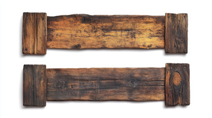 Fototapeta premium Wooden ribbons set. Rustic panels for text and inscription. Placard and billboard. Rough hardwood plates and signboards. Realistic vector collection isolated on white background
