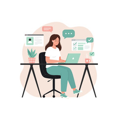 Woman Working on Laptop at Desk Efficiently Completing Tasks