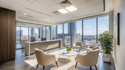 Elegant office interior with a neutral color palette, contemporary decor, and floor-to-ceiling windows that frame a downtown skyline.