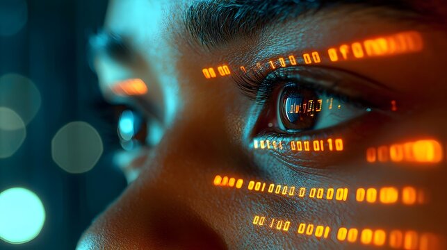Close up view of a hacker s eye reflecting the scrolling digital numbers and code symbolizing the concept of cybersecurity data processing and advanced digital technology