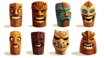 Cartoon set of totem tiki masks isolated on white background. Vector illustration of hawaiian traditional carved wooden accessory for magic ritual, home decoration for protection. Tribal culture