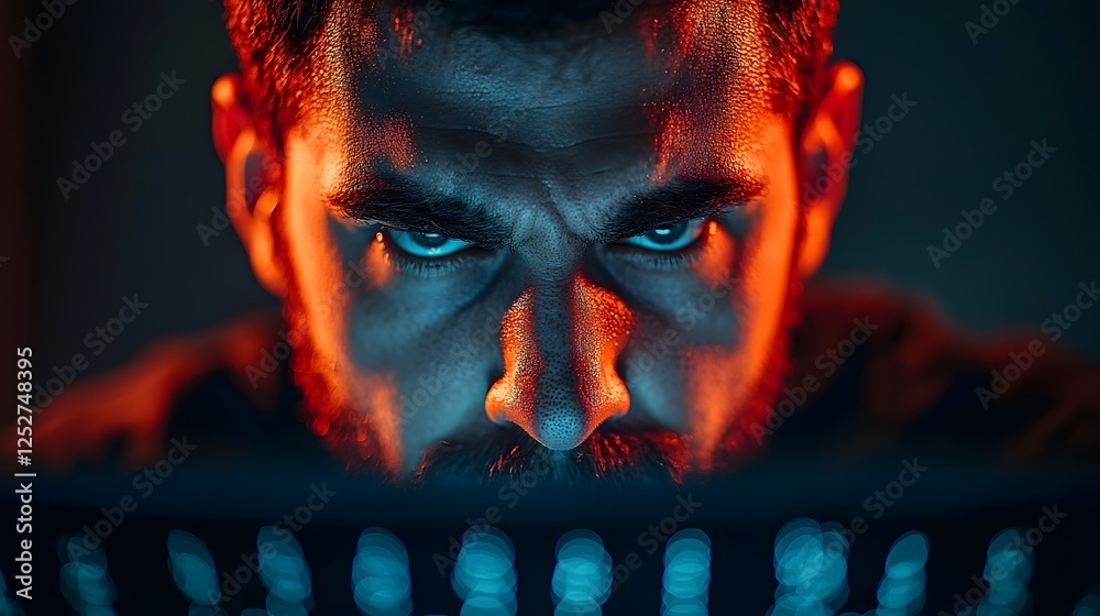 Poster close up portrait of a hacker s intense focused expression illuminated by the ominous glow of comput