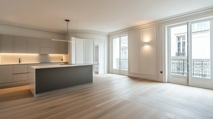 Minimalist high-end apartment with an open kitchen, spacious living area, and an unadorned white wall, adding to its elegance.