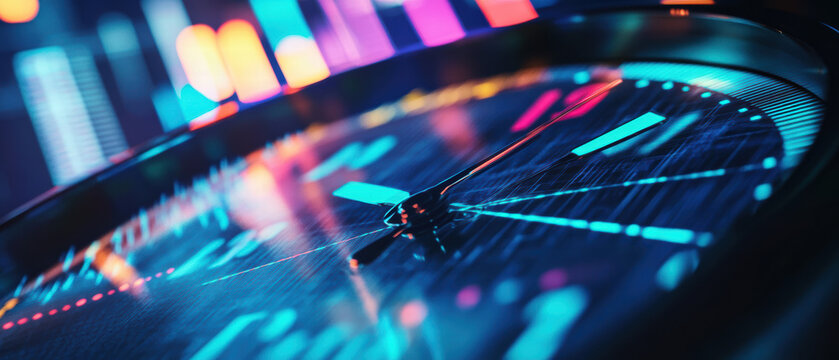 close up of clock face with colorful light reflections, symbolizing time management and business analytics. vibrant colors create dynamic atmosphere
