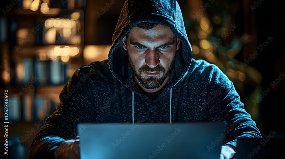 Poster hacker working in the shadows on a computer screen displaying a digital fingerprint representing cyb