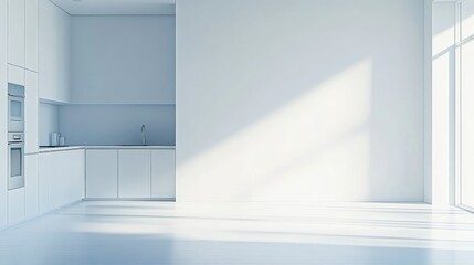 Fototapeta premium Minimalist luxury home with a monochrome kitchen, sleek furnishings, and an empty wall to enhance the airy, open ambiance.