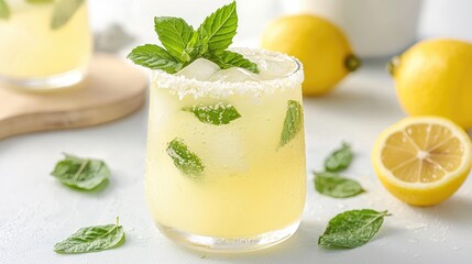 Fototapeta premium Refreshing lemonade drink with mint, ice, and salt rim