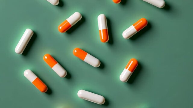 Pills on green background. Multicolored vitamins, free space for text. Many different capsules. Pharmacy, chemistry. Abundance. Lots of antibiotics, drug. Herbal medicine, chemical industry. Top view