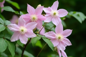Obraz premium Beautiful pink clematis flowers blooming in a lush garden during spring season
