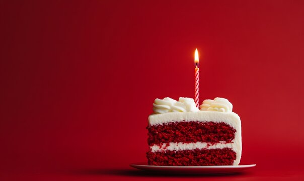 Minimalistic small red velvet birthday cake on a vibrant red background, Generative AI