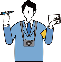 メモとカメラを持って取材をする男性記者のイラスト