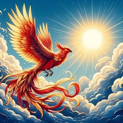 Legendary Phoenix with Bright Red and Gold Wings Ascending in Glory