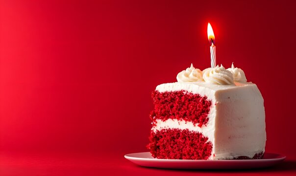 Minimalistic small red velvet birthday cake on a vibrant red background, Generative AI